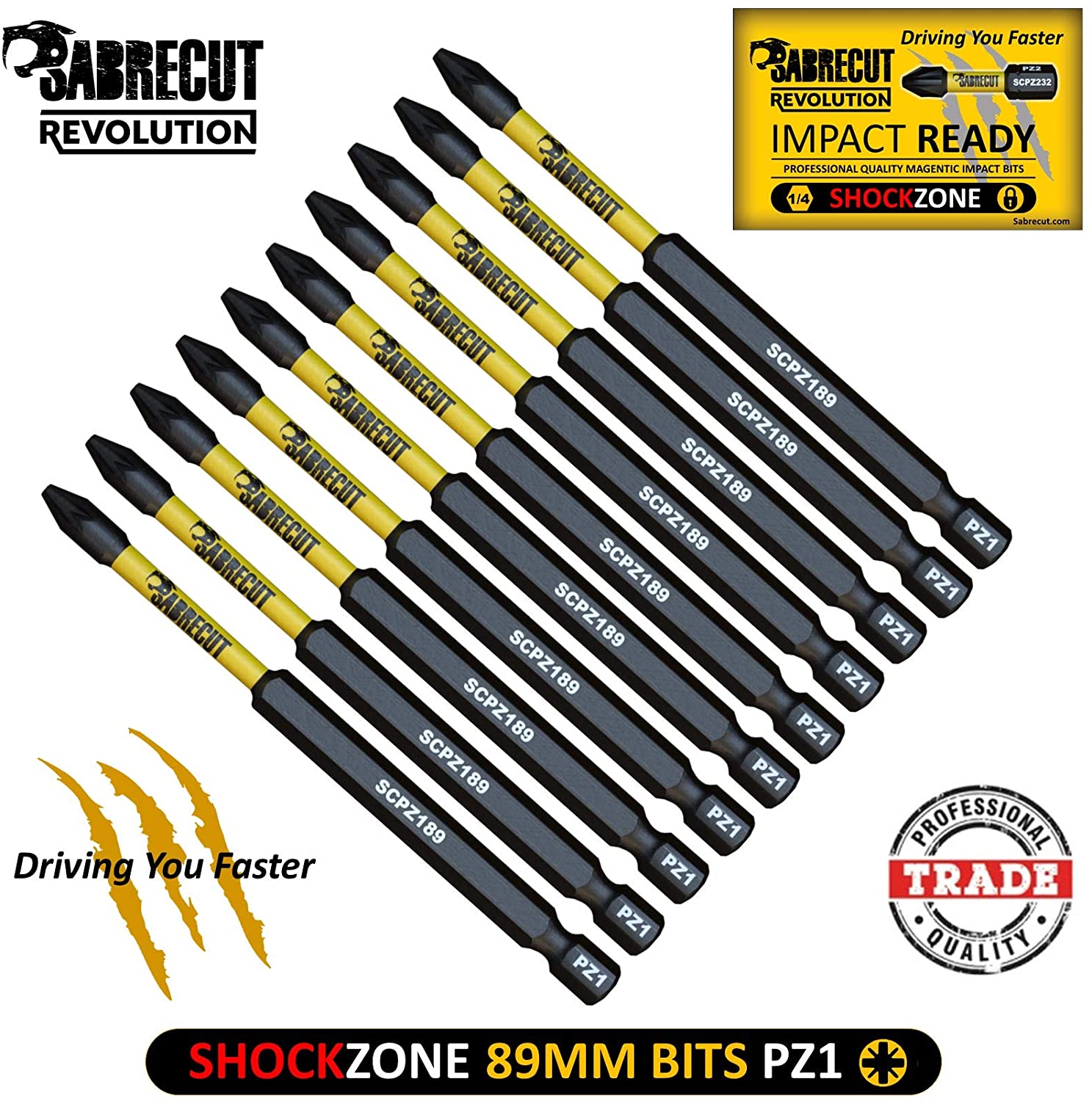 10 x SabreCut SCPZ189_10 89mm PZ1 Magnetic Impact Screwdriver Driver Bits Set Pozi Pozidriv Heavy Duty, 1/4 inches - Image 2