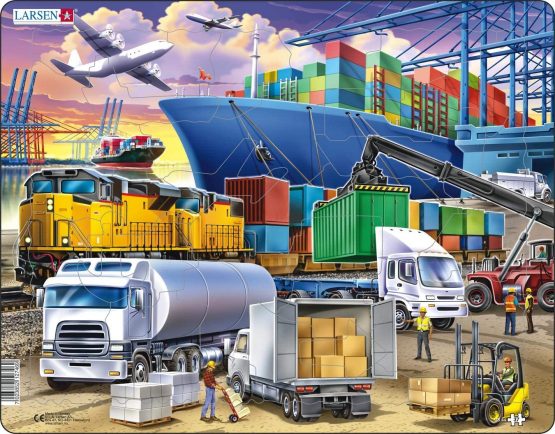 Larsen US44 Busy Cargo Hub With Ships, Trucks, Trains and Planes, 37 Piece Boxless Tray & Frame Jigsaw Puzzle