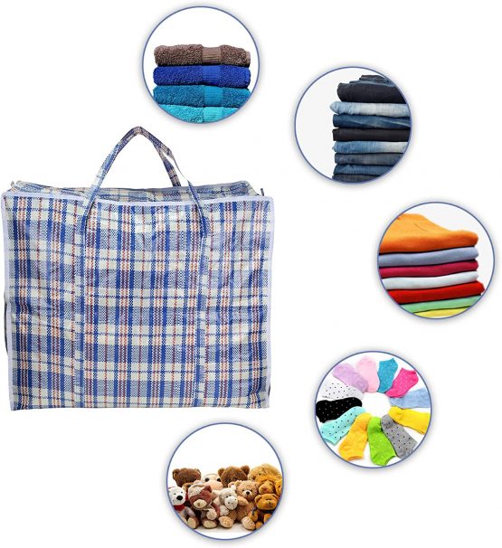 AAYAW Pack of 10 Extra Large Strong Laundry, Storage, Cloth, Moving, Reusable Store, Waterproof, Shopping, Zipper and Handles Checkered Bags Sizes: 60cm X 50cm X 25cm OR 20cm (+/-10%) - Image 4