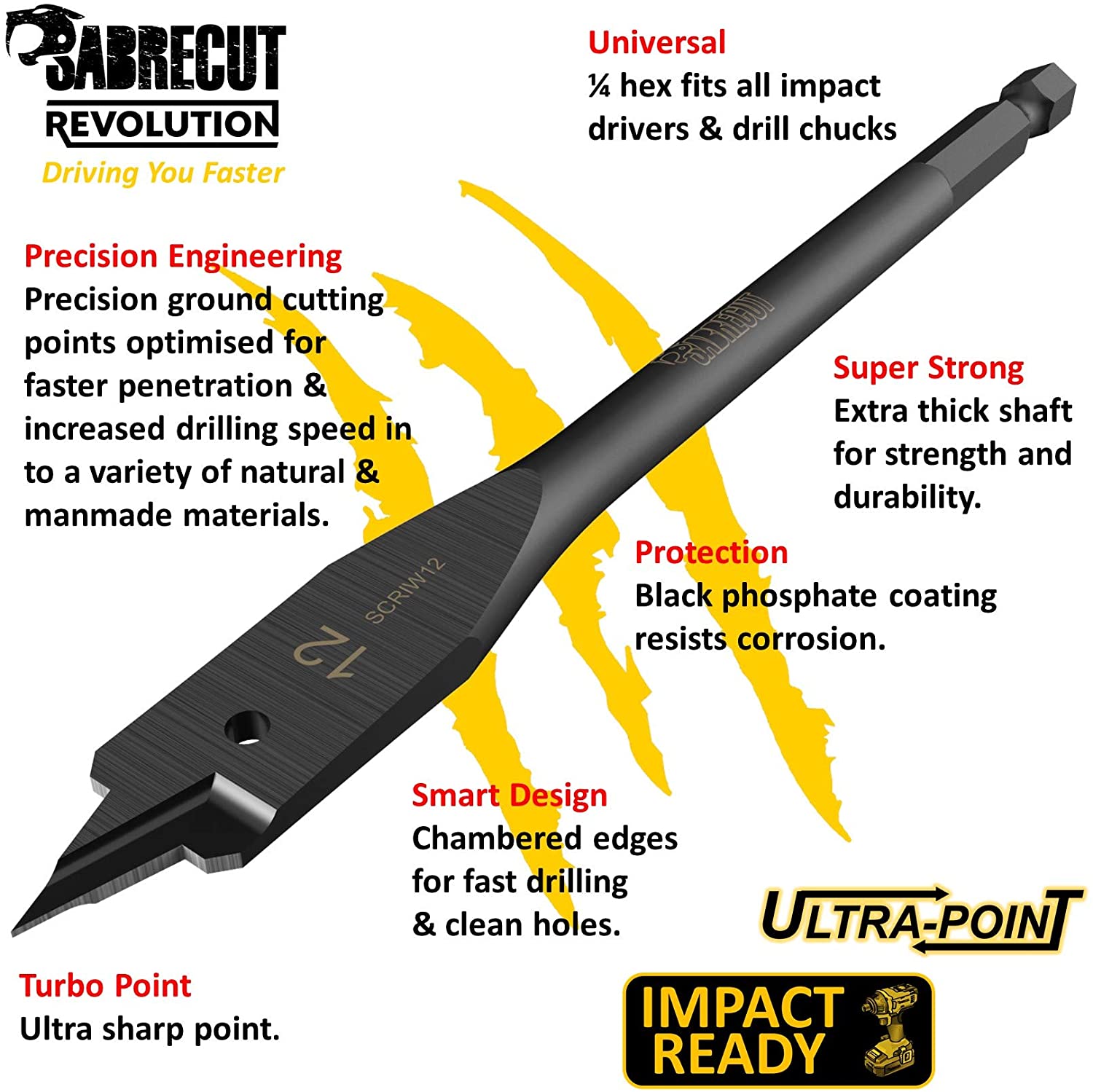 3 x SabreCut SCRIW12_3 12mm x 152mm Impact Rated Flat Wood Spade Bits for Softwood Hardwood Chipboard - Image 2