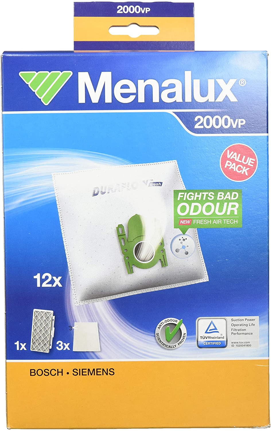 Original Branded Menalux 2000VP Value Pack for Bosch Siemens BSGL5 / VSZ6 12 x Vacuum Cleaner Bags, 1 x Hygiene Filter 12, 3 x Micro
