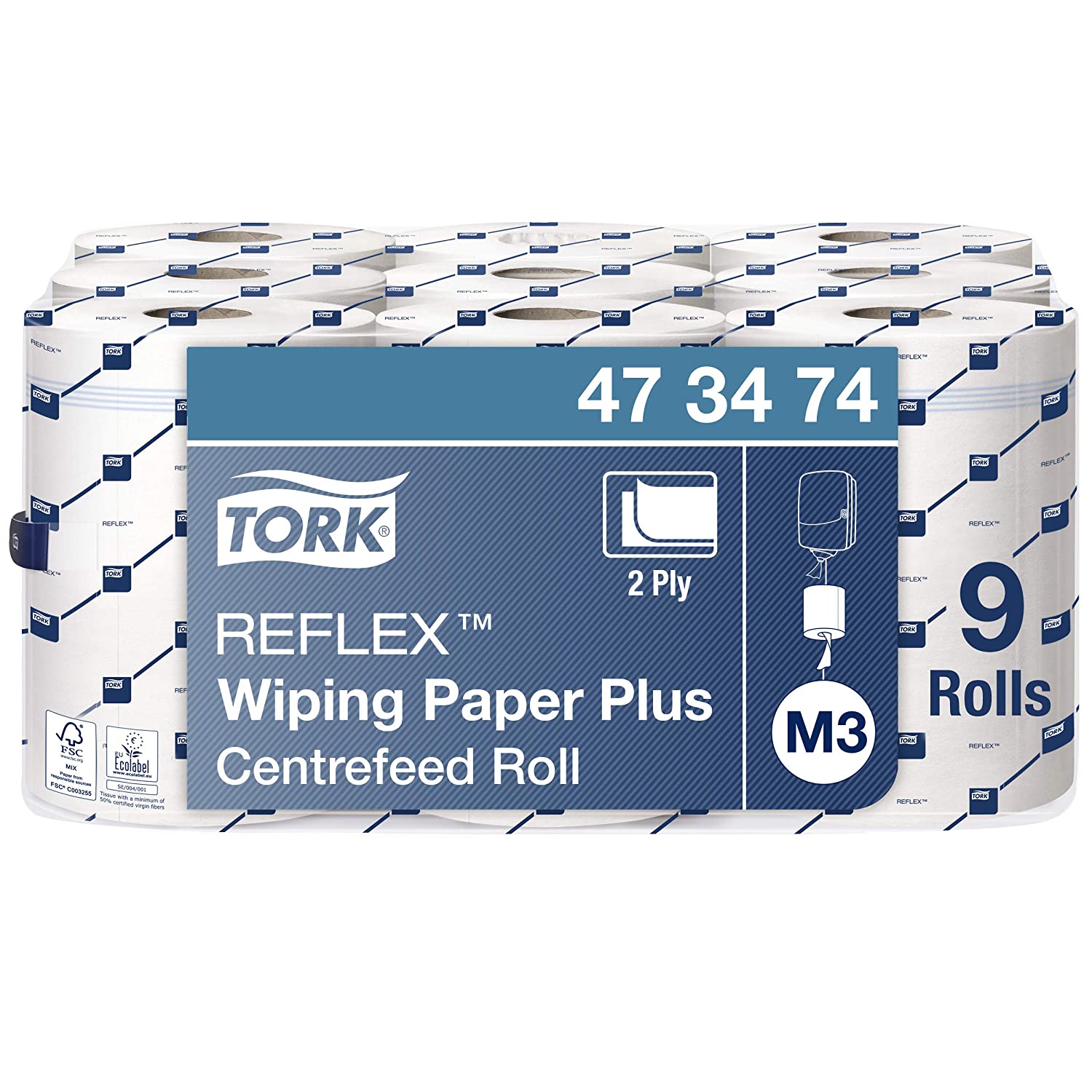 Tork 473474 Reflex Wiping Paper Plus / 2 Ply Absorbent Advanced Paper Roll Suitable for Tork M3 Centrefeed Reflex Mini Roll System / White / 9 x 67m / diameter 12.7cm
