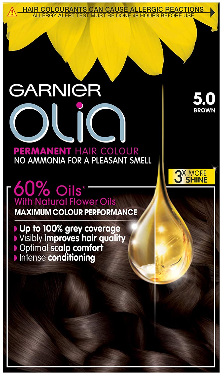 Garnier Olia Brown Permanent Hair Dye, Up to 100% Grey Hair Coverage, NO Ammonia, 60% Oils - 5.0 Brown