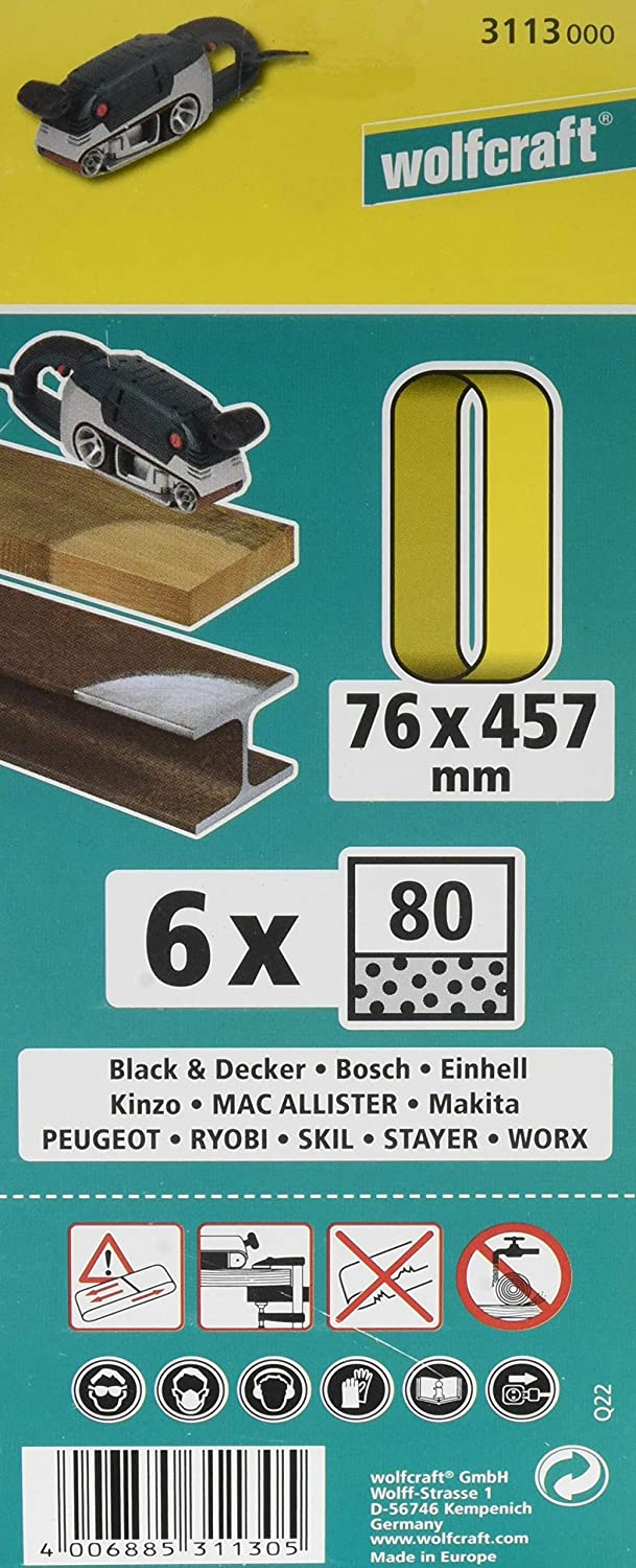 Wolfcraft 3113000-6 lijas de banda abrasivas grano 80-76 x 457 mm
