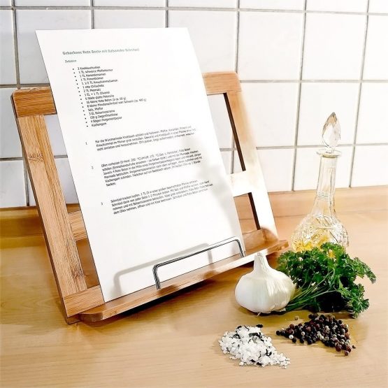 Relaxdays Bamboo Cookbook Holder, 24 x 32 x 18 cm, Recipe Book Stand Ajustable, 3 Angles, Kitchen Reading & Book Support w/ Page Holder, Brown - Image 3