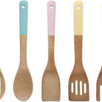 Premier Housewares 0805460 Kitchen Utensil Set, Pastel Handles 5 Piece, Bamboo, Multi/Coloured
