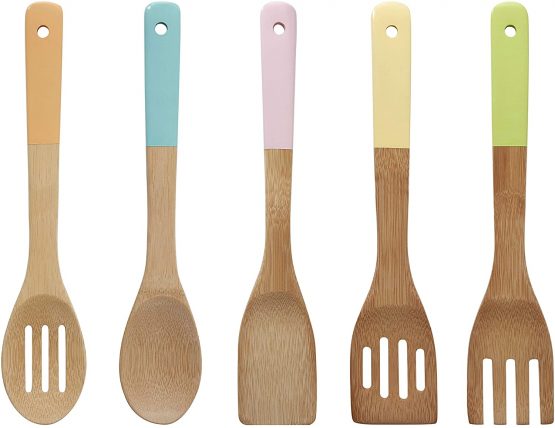 Premier Housewares 0805460 Kitchen Utensil Set, Pastel Handles 5 Piece, Bamboo, Multi/Coloured