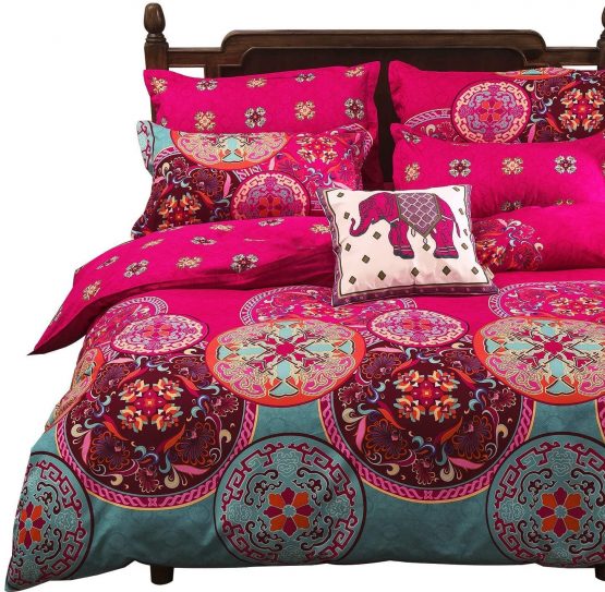 Vaulia Lightweight Microfiber Duvet Cover Set, Bohemia Exotic Patterns Design, Bright Pink - King Size