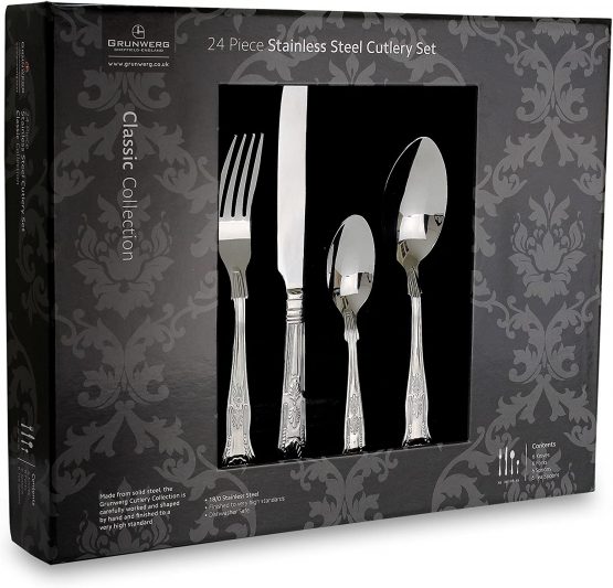 Classic Kings Pattern 24 Piece Cutlery Set, 18/0 Stainless Steel, Mirror Finish - Gift Boxed