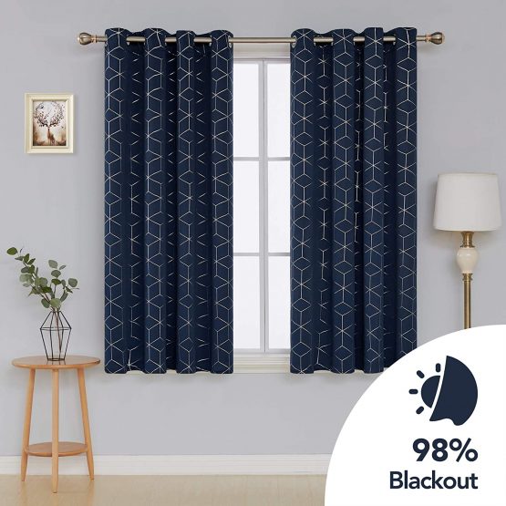 Deconovo Blackout Curtains, Eyelet Curtains, Diamond Foil Printed Thermal Insulated Curtains for Bedroom, 46 x 54 Inch(Width x Length), Navy Blue, One Pair - Image 2