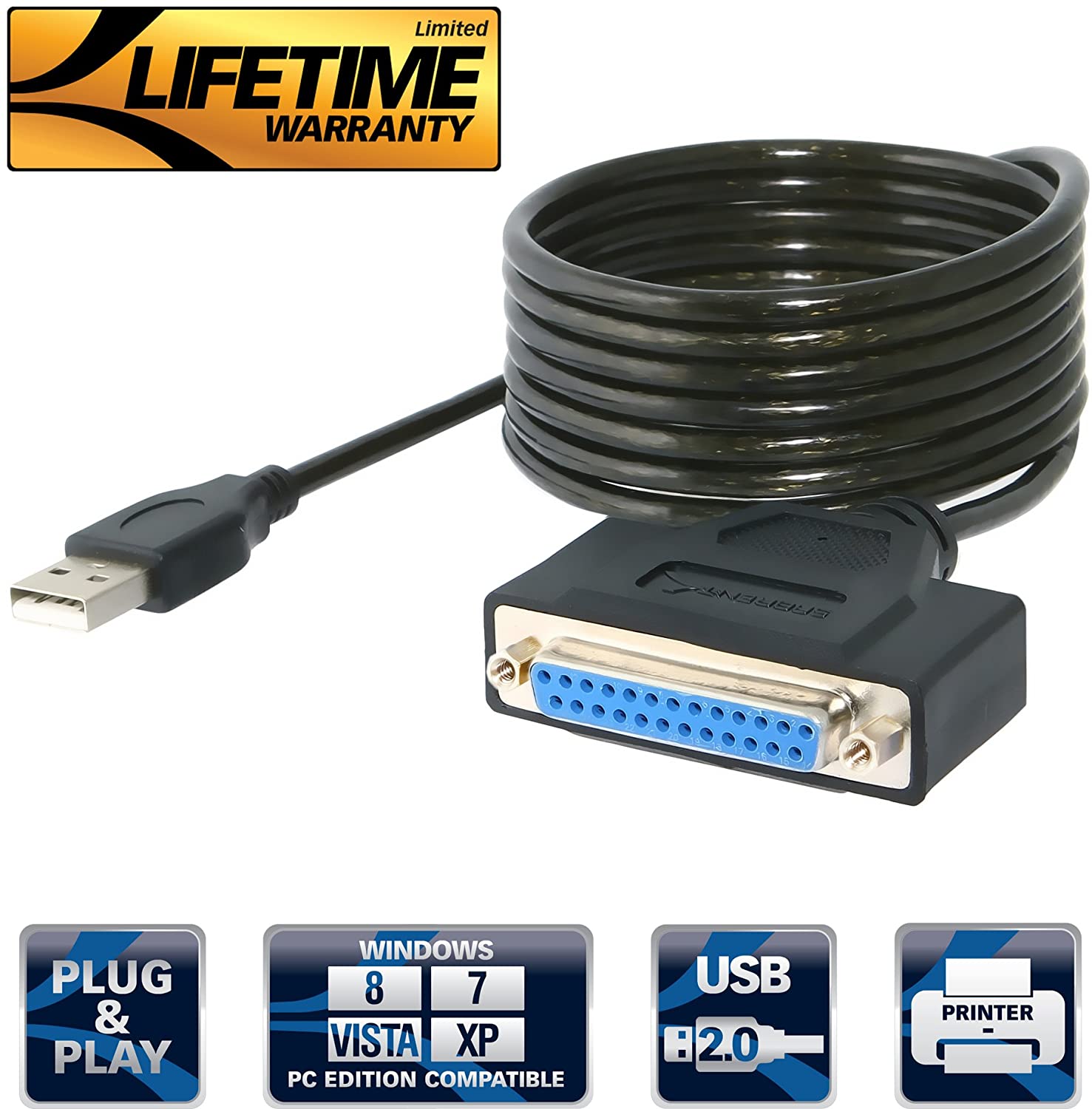 SABRENT Printer Cable, USB to Parallel Adapter (1.8M), IEEE 1284 Printer Cable Adapter, hexnut Connectors