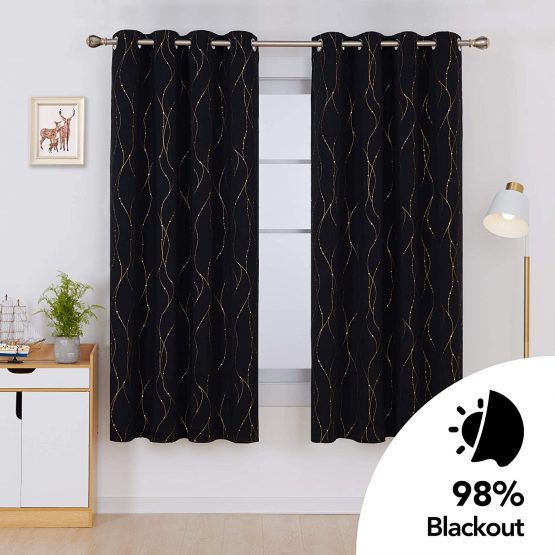 Deconovo Black Curtains, Gold Dotted Line Foil Printed Blackout Curtains, Thermal Insulated Curtains, Eyelet Curtains for Living Room, 46 x 72 Inch(Width x Length), Black, 2 Panels - Image 2