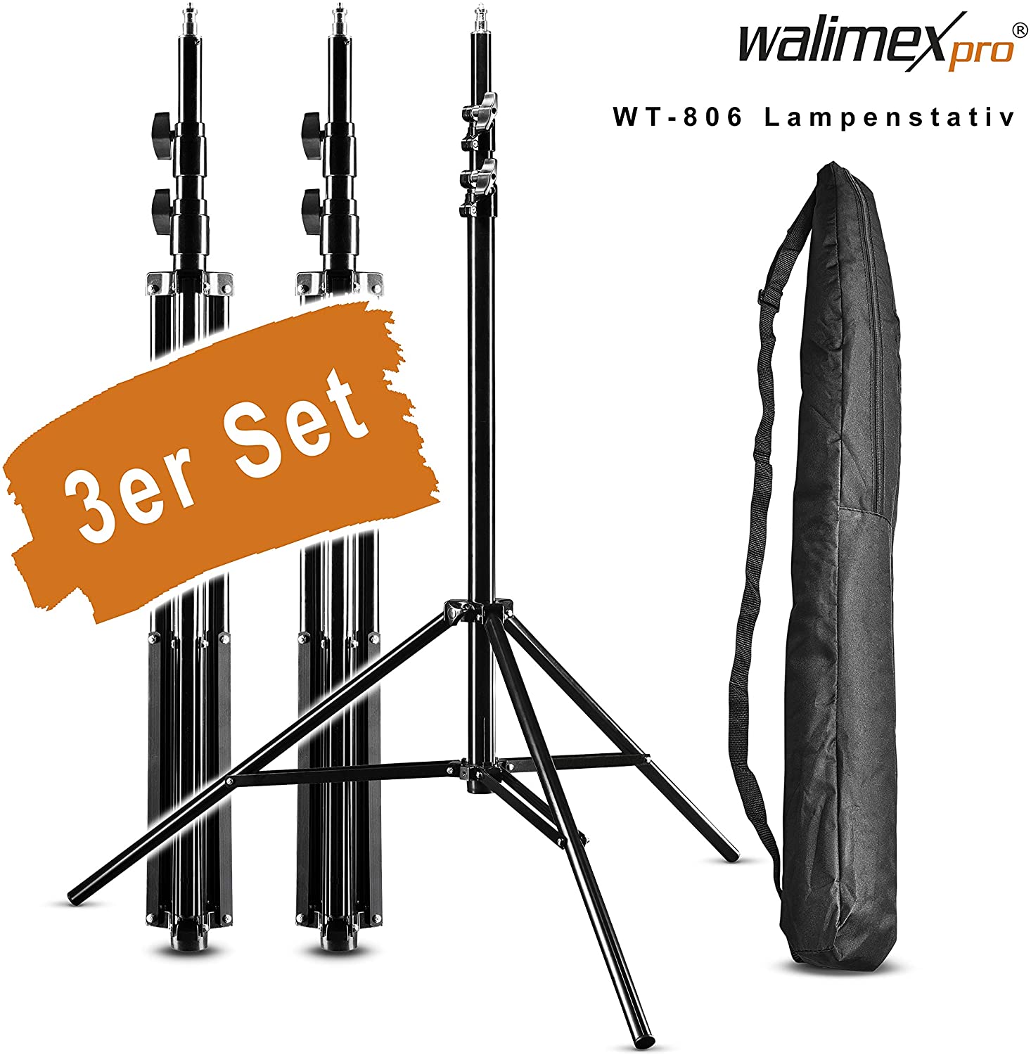 Walimex pro 3x lamp tripod WT-806 with spring damping I height max. 256cm I stable light tripod loadable up to 6kg I lighting tripod for ring light reflector