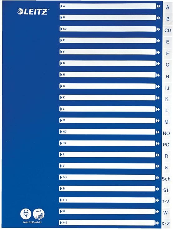 Leitz A4 A-Z Index, Heavy Duty Plastic and Cardboard, Blue/White