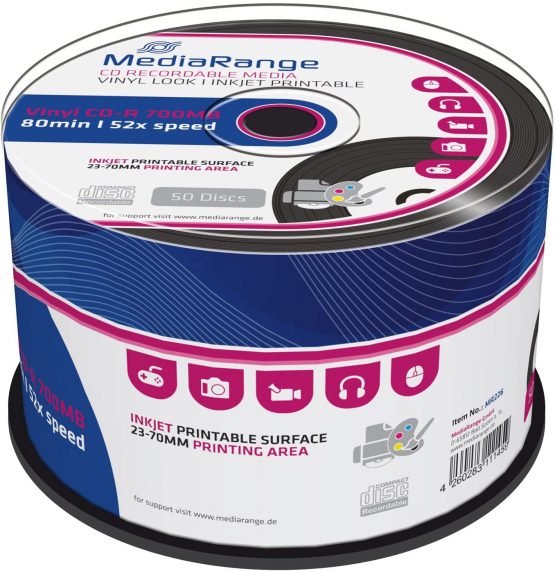 MEDIARANGE MR226 VINYL CDR80 700MB 52x (50) Cake Box ink jet printable