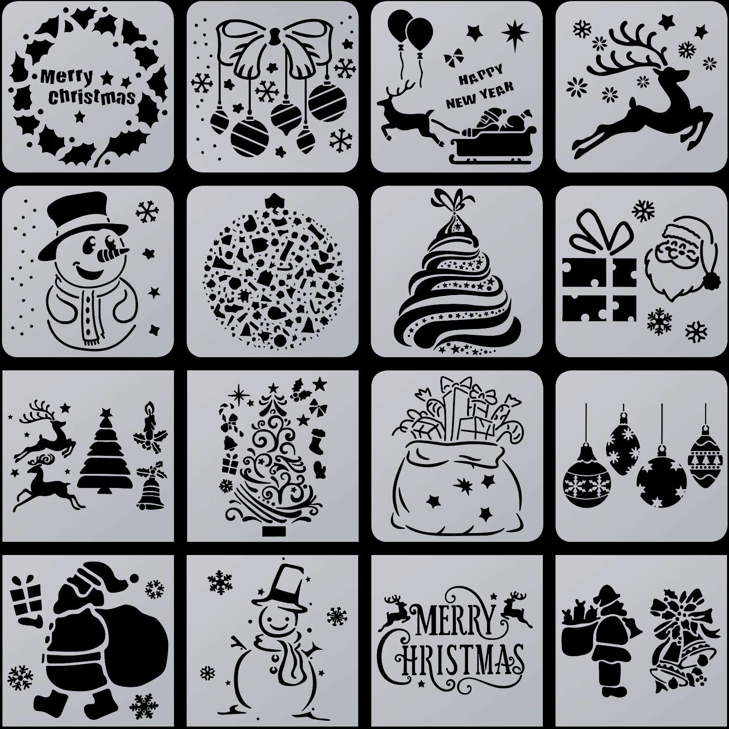 16 Pieces Christmas Stencils Template Snowman Christmas Tree Reindeer ...