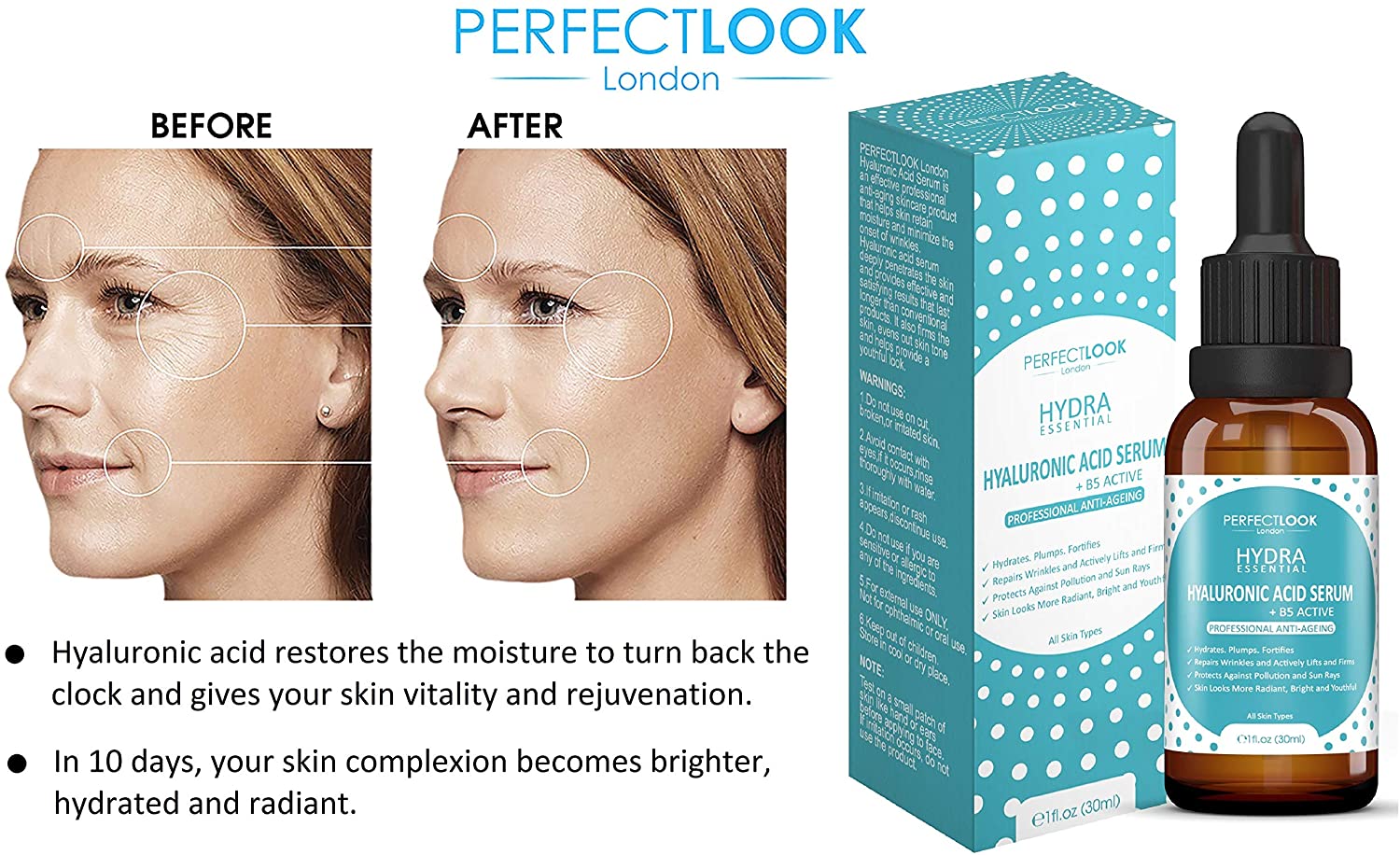 Perfect Look London 5% Hyaluronic Acid Serum for Face with Centella Asiatica and Vitamin B5, 97.6% Natural Ingredients - Image 4
