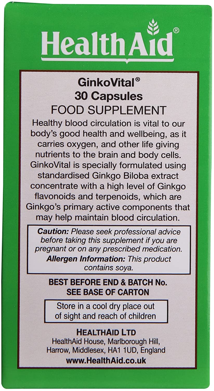 HealthAid Ginko Vital (Ginkgo Biloba) 30 Capsules, White, 30 g (Pack of 1) - Image 3