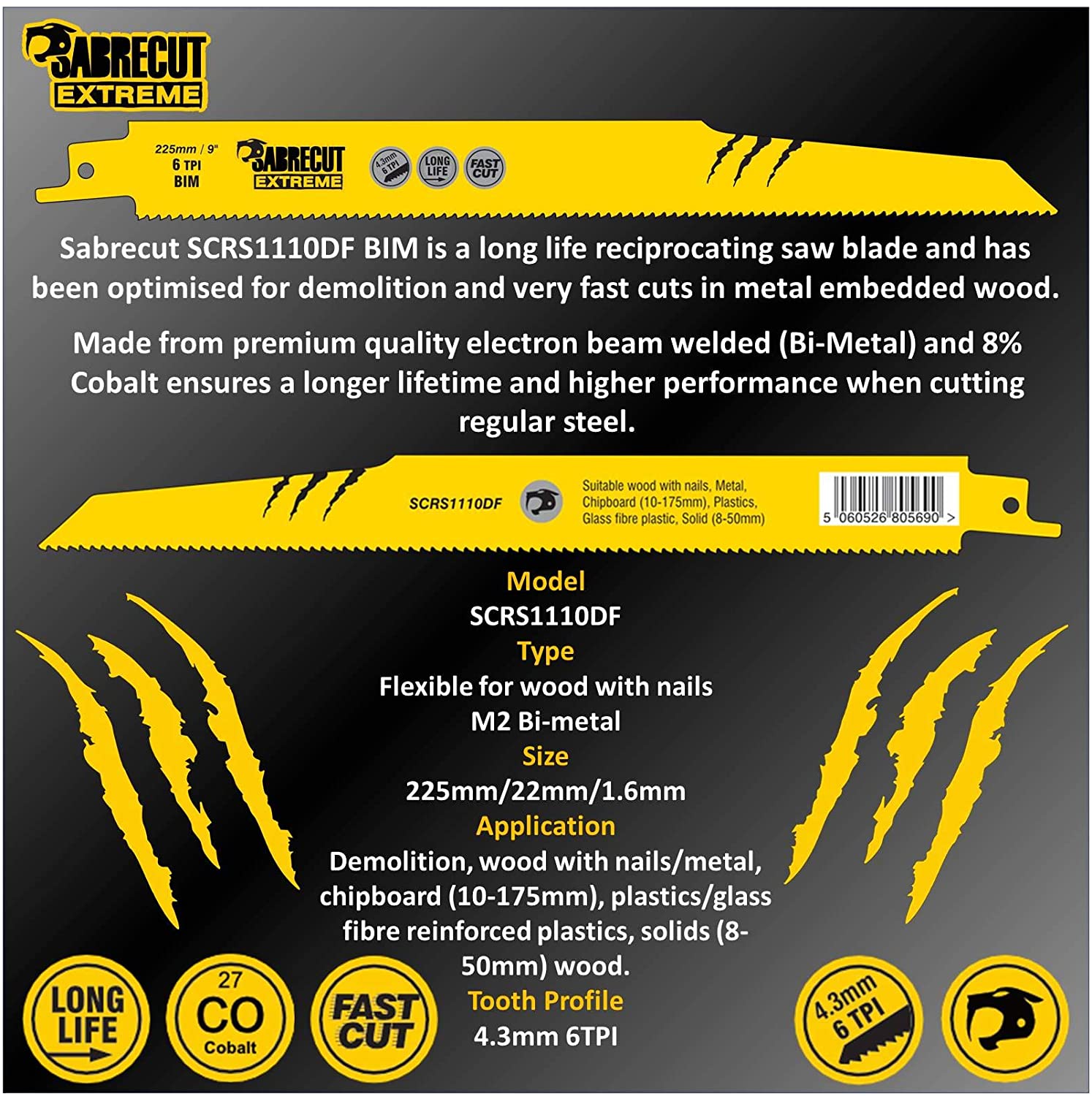 3 x SabreCut SCRS1110DF_3 225mm 6 TPI S1110DF Fast Wood and Metal Cutting Reciprocating Sabre Saw Blades, Yellow - Image 3
