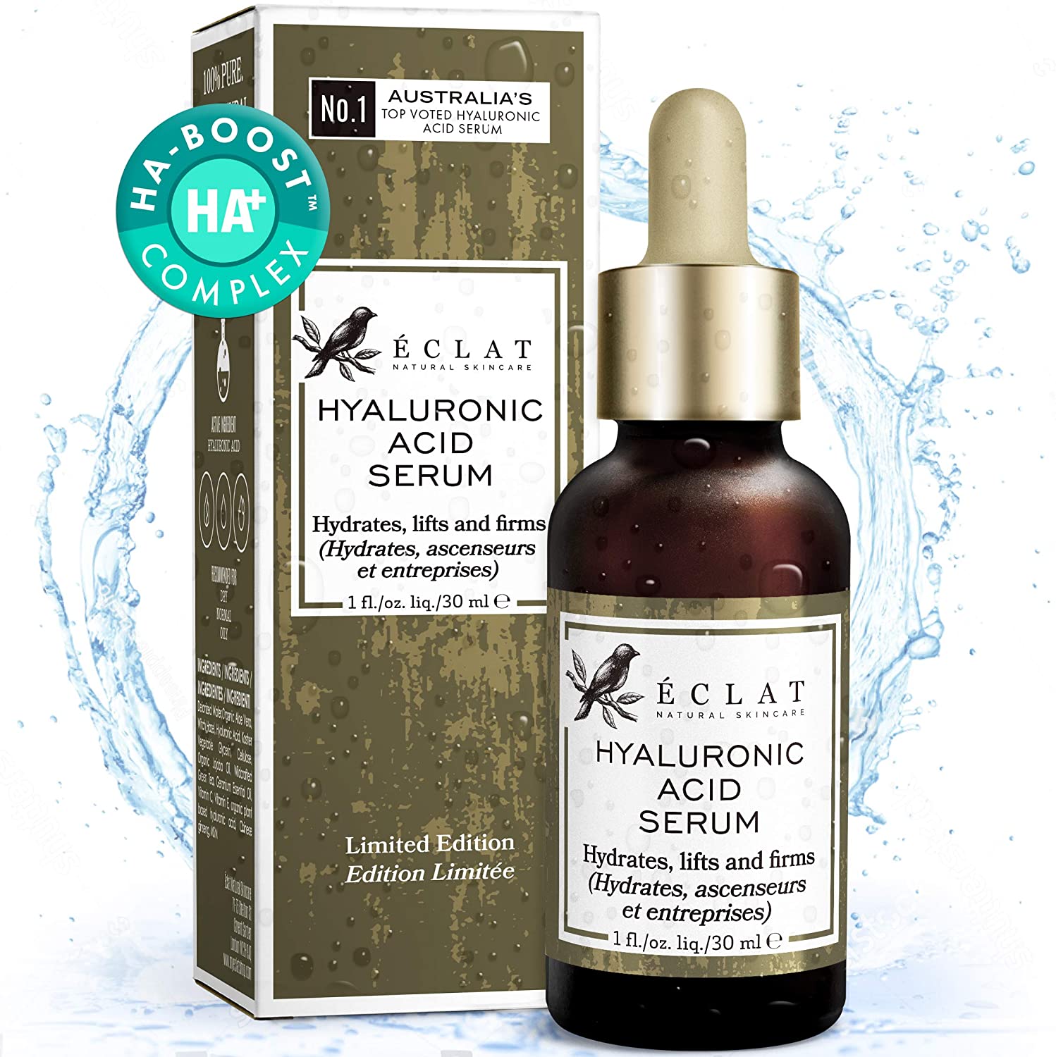 Eclat Skincare Hyaluronic Acid Serum for Face, 2.5% Hyaluronic Acid + 3% B5, Vitamin C & E