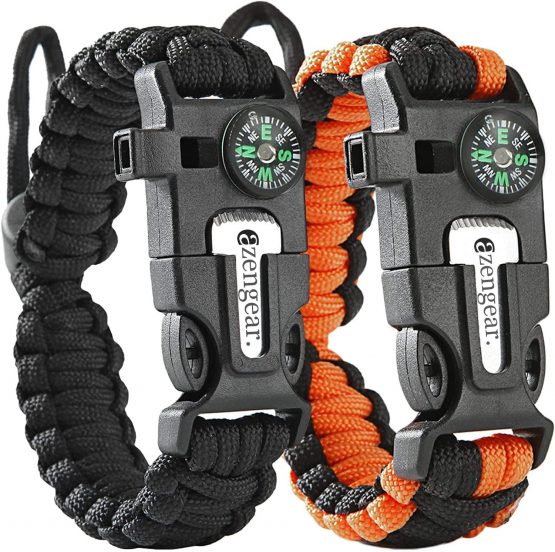 Paracord Survival Bracelet (Pair) - Fire Starter Ferro Rod Kit - Whistle - Compass - Mini Saw - Rescue Rope - Adjustable Band Size - Camping - Scouts - Bushcraft - Emergency