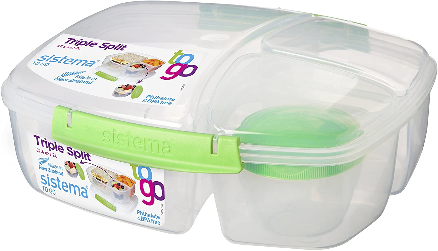 Sistema To Go Triple Split Lunch Box with Yoghurt Pot, Assorted Colours, 2 liter - Image 4