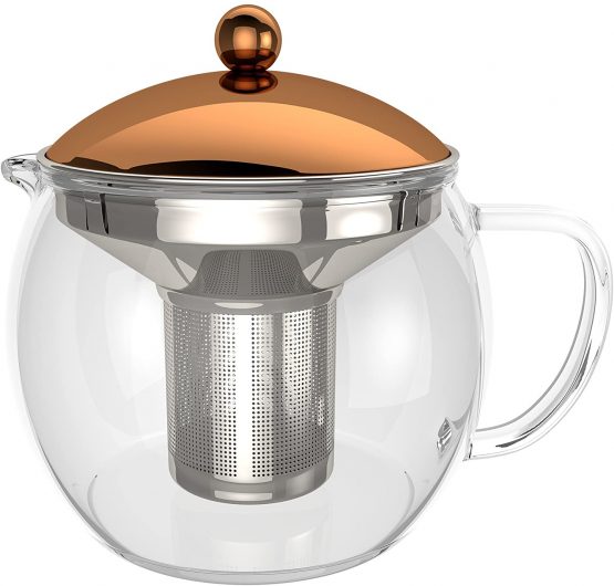 bonVIVO TEMPA Tea Infuser with Removable Stainless Steel Strainer, Tea Maker for Loose Leaf Tea, Heat Resistant Borosilicate Glass Teapot with Lid in Silver Finish, 50 oz.
