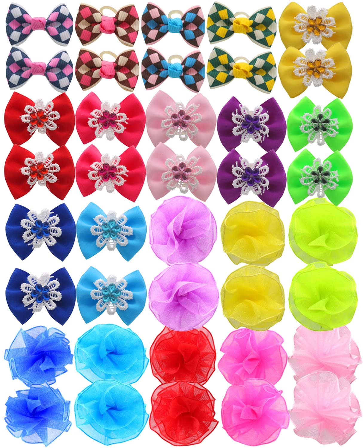 HOLLIHI 40pcs / 20 works Adorable Grosgrain Ribbon Pet Dog Hair Bows with Rubber Bands - Image 2