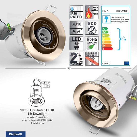 Gu10 Fire Rated Tilt Swivel Downlight Antique Brass, Brite-R Led Spotlight Recessed Ceiling Light Fitting Pressed Steel Ip20 Halogen Compatible Ce Approved Easy Install 2 Year Warranty No Bulb - Image 2