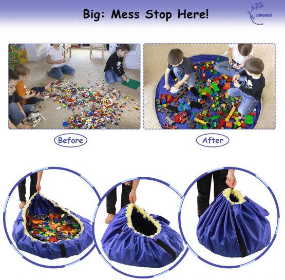 SUMBABO Toy Storage Mat Bag for Lego - Play Mat Bag and Toy Organizer Storage Bag by Drawstring for Toy Bricks - Toy Storage Container for Kid with Cap Like Travel Bag as Gift 2Pcs=1Big+1Mini - Image 2