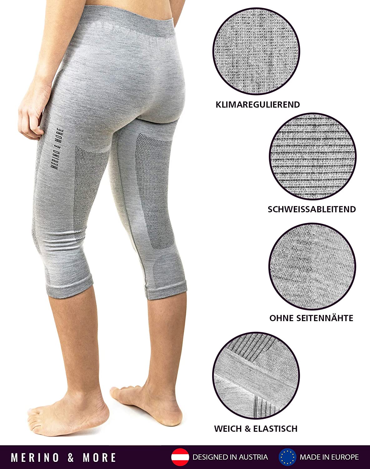 Merino & More Women's Functional Base Layer Wool 3/4 Length - S, Light-grey - Image 2