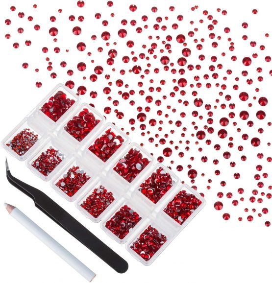 4200 Pieces Flat Back Red Nail Art Rhinestones for Nail Art Decorations, Round Crystal Gems Stickers for Clothes and Craft, 1.5 mm - 4.8 mm, 6 Sizes