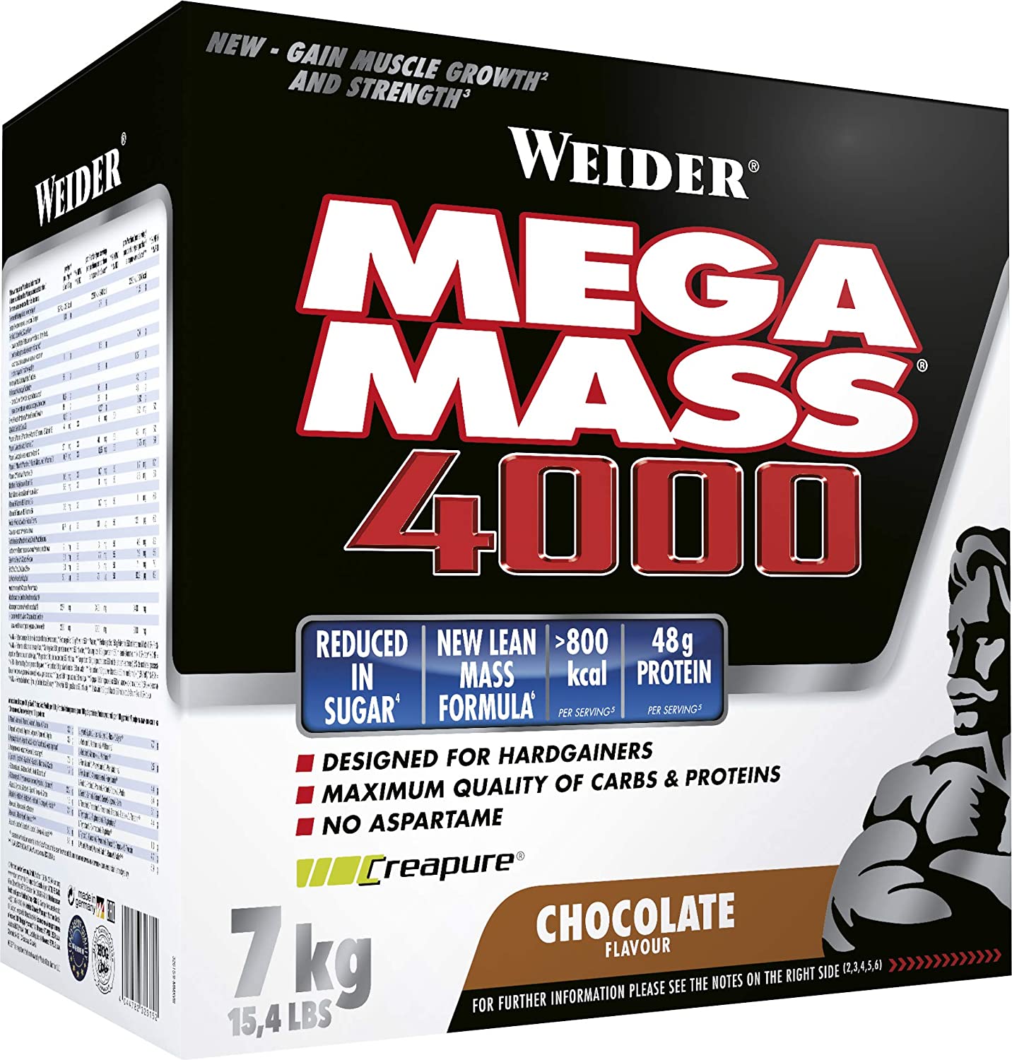 Weider Mega Mass 4000, Chocolate, Protein Rich Formulation with Creapure Creatine, High Quality Complex Carbs, Muscle Building, 7kg
