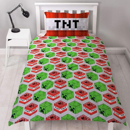 Minecraft Dynamite Single Duvet Cover Officially Licensed Reversible Two Sided Creeper Design with Matching Pillowcase, Polyester, White, Green, Red - Image 2