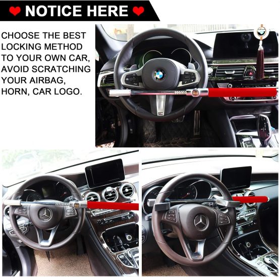 Tevlaphee Steering Wheel Lock For Cars,Car Steering Wheel Lock,Vehicle Anti-Theft Lock,Adjustable Double Hook Universal Fit Emergency Hammer Window Breaker Self Defense Heavy Duty Secure (Red) - Image 3