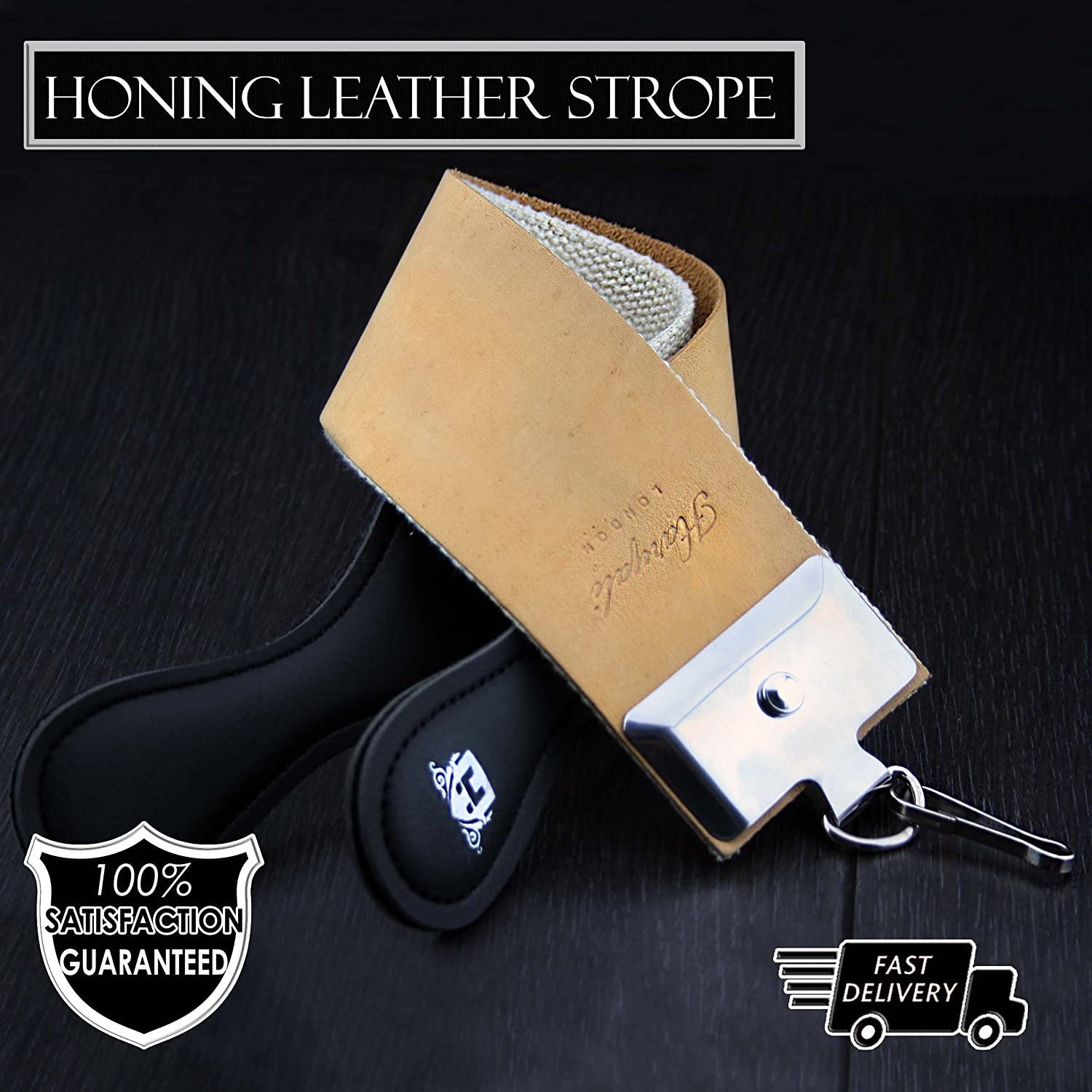 Haryali London Razor Sharpener - Genuine Leather Strop With Handles - Double Sided Knife Sharpener - Zero Waste Straight Razor