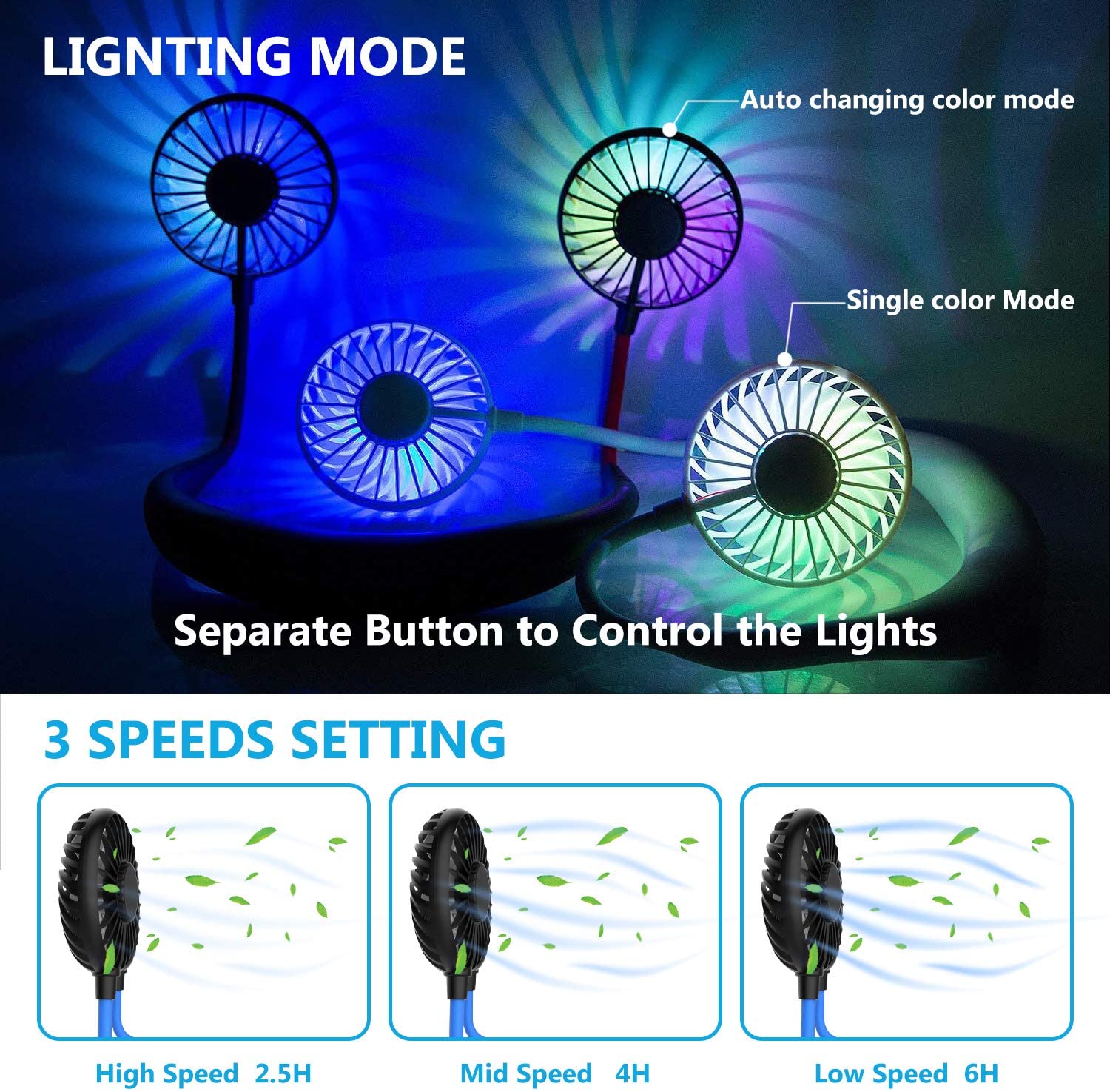 ITSHINY Neck Fan, Portable Fan, Mini USB Fan, Rechargeable Neck Fan, Dual Head Air Cooler 3 Speeds for Outdoor Camping Office Room - Image 3