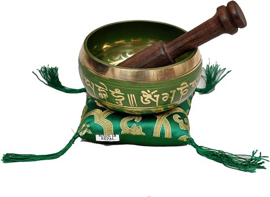 Tibetan Singing Bowl Set By Dharma Store - With Traditional Design Tibetan Buddhist Prayer Flag - Handmade in Nepal (Green) - Image 4