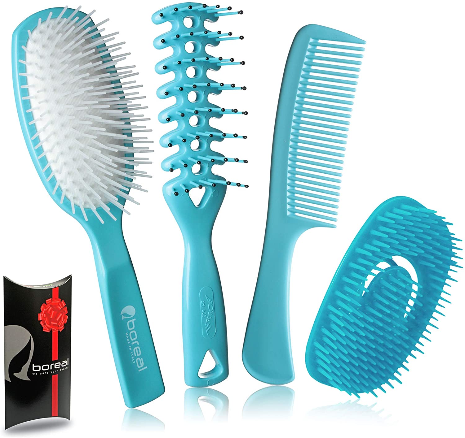 Set detangling hairbrushes, Plastic Blue Color. Wet, Dry, Smooth Curly Hair. Made in Italy. Spread Cream and Balm During the Shower