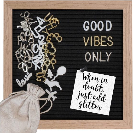 Gadgy ® Retro Felt Letter Board | With 340 Electroplated Gold and Silver Letters | 170 White Letters & Numbers, 100 Icons | Stand and Bag | 10x10 inch