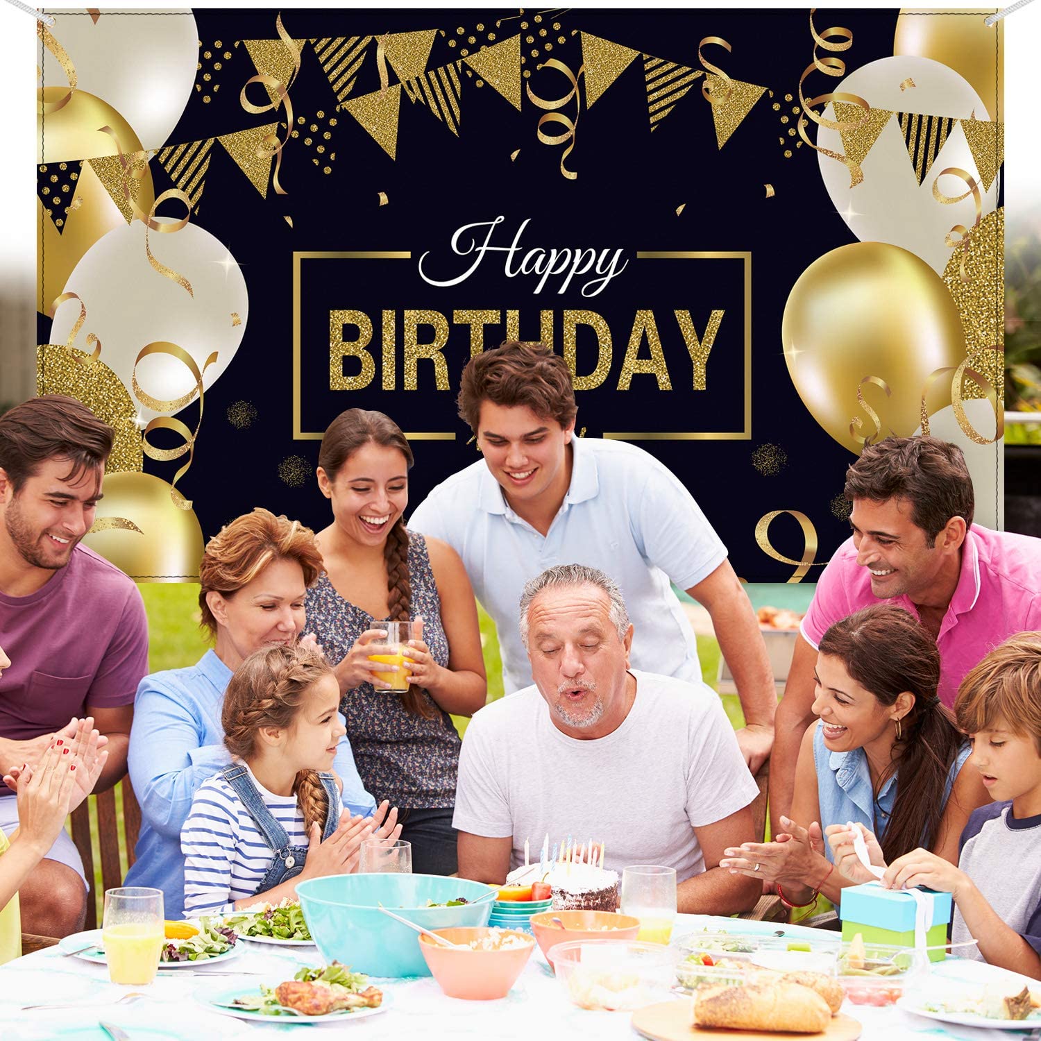 Blulu Happy Birthday Backdrop Banner Extra Large Birthday Sign Poster for Men Women Anniversary Party Photo Booth Backdrop Background Banner Decoration Supplies(Black and Gold) - Image 4
