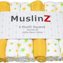 MuslinZ 6pk Baby Muslin Squares Burp Cloths 100% Pure Soft Cotton 70x70cm Yellow Stars