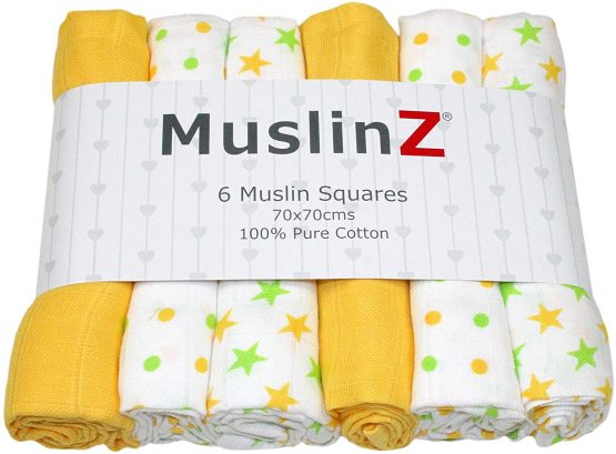 MuslinZ 6pk Baby Muslin Squares Burp Cloths 100% Pure Soft Cotton 70x70cm Yellow Stars