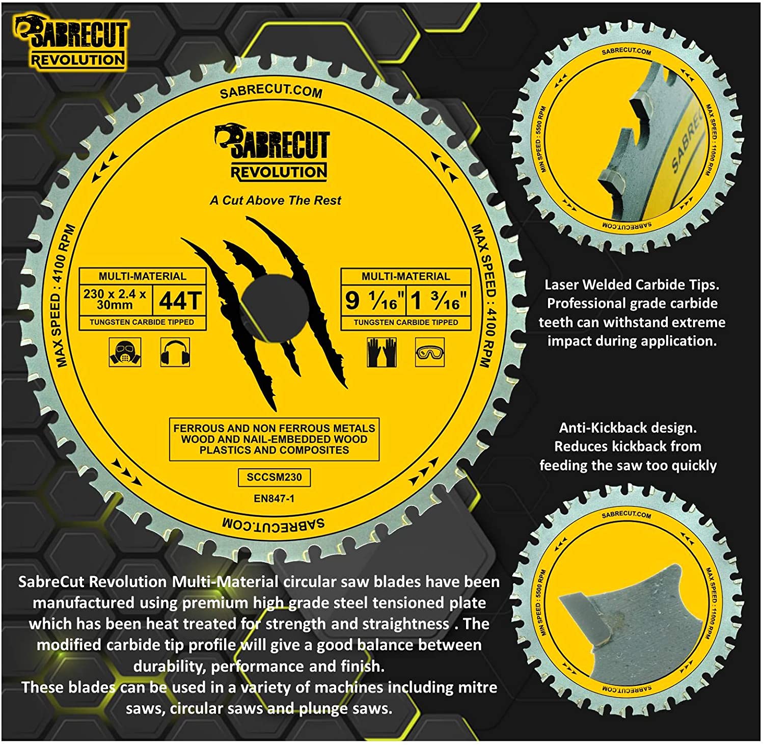 1 x SabreCut SCCSM230_44 230mm 44T x 30mm 25.4mm 20mm 16mm Bore Multi-Material Metal Wood Plastic Circular Saw Blade - Image 2