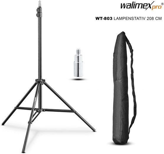 Walimex pro WT-803 Lamp Tripod 208 cm - height max. 208 cm, 3,5 kg load capacity, Aluminium Light Tripod Lamp Tripod for photography Studio Mobil Video Flash Softbox Ring Light, with bag