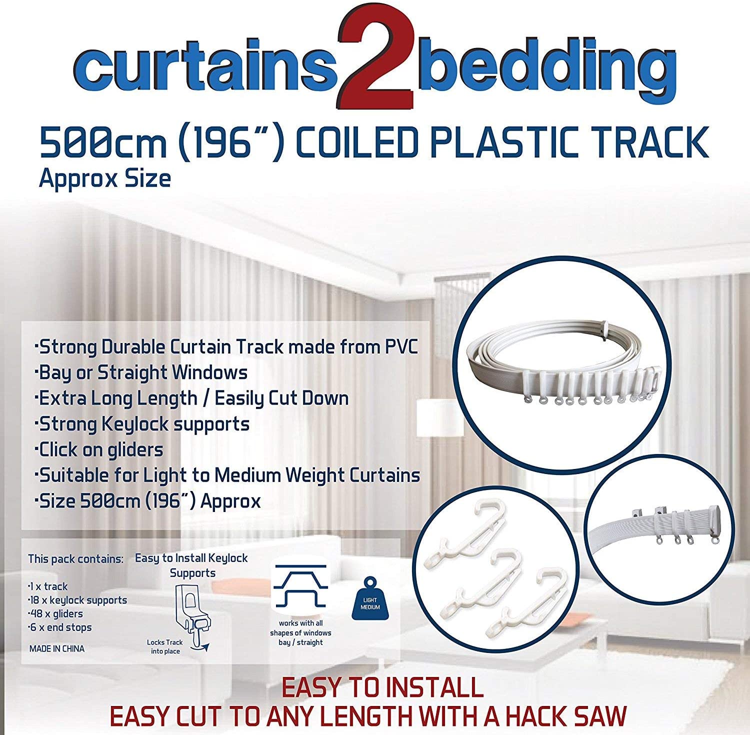 C2B 500cm Plastic Curtain Track, Strong, Bendable Track, (196") Bay & Straight Windows, Wall & Ceiling Mounted - Image 4