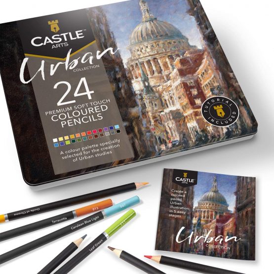 Castle art supplies 24 urban coloured pencils set for adults artists | ideal sketching colouring drawing high-quality smooth cores | superior blending & layering performance achieving results