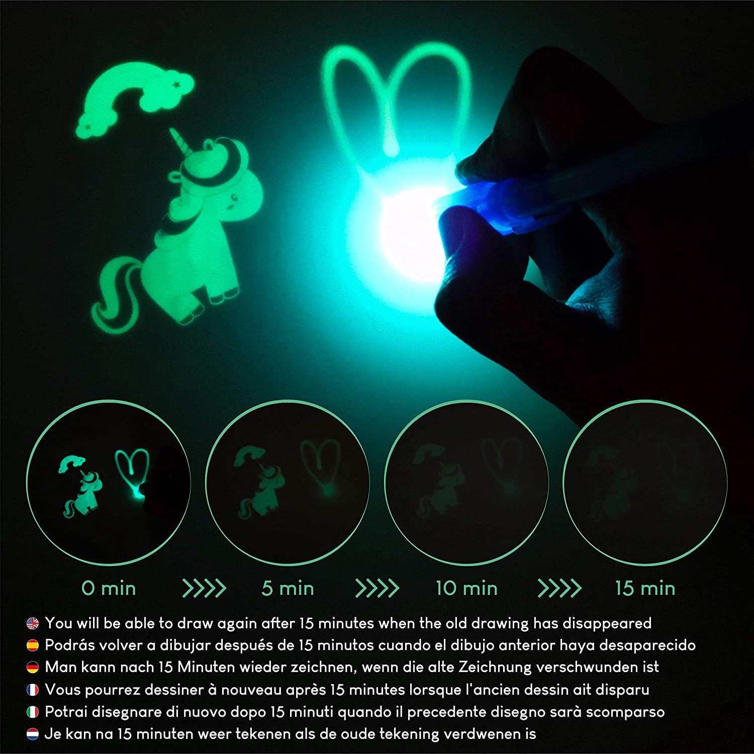 Light Drawing Board Kids A4 and A5, 6 Stencils, 2 Spy Pens - BONNYCO, black, A4 + A5 - GREEN - Image 3