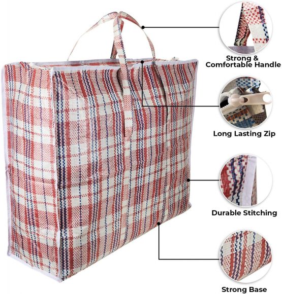 AAYAW Pack of 10 Extra Large Strong Laundry, Storage, Cloth, Moving, Reusable Store, Waterproof, Shopping, Zipper and Handles Checkered Bags Sizes: 60cm X 50cm X 25cm OR 20cm (+/-10%) - Image 2