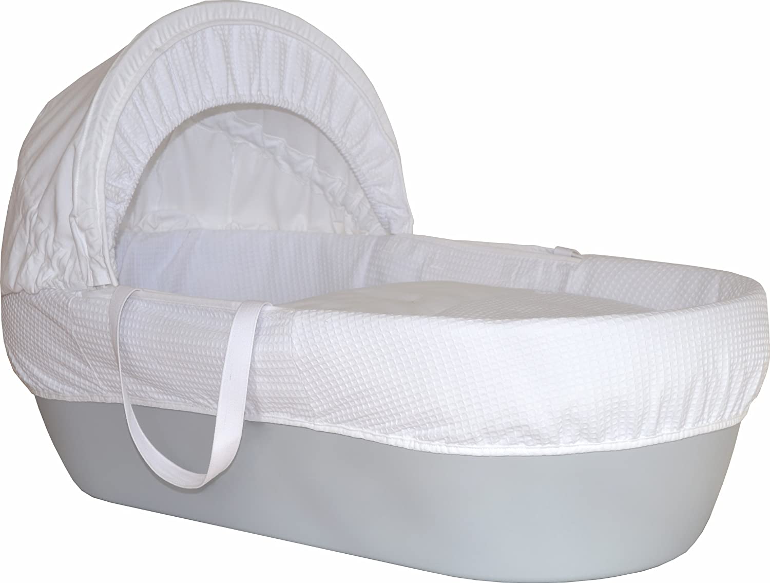 Shnuggle Moses Basket with White Waffle Cotton Dressing, Hood and